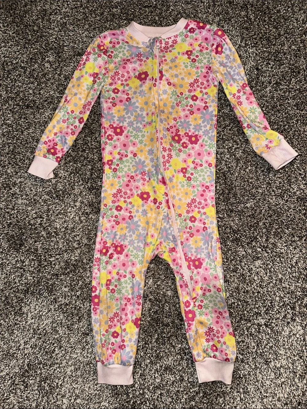 Girls Floral Ribbed Zip Footie One-Piece - Pink Multi